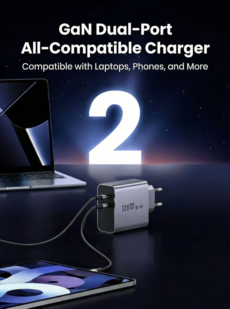 120W Gallium Nitride (GaN) charger with USB-A and Type-C dual output ports